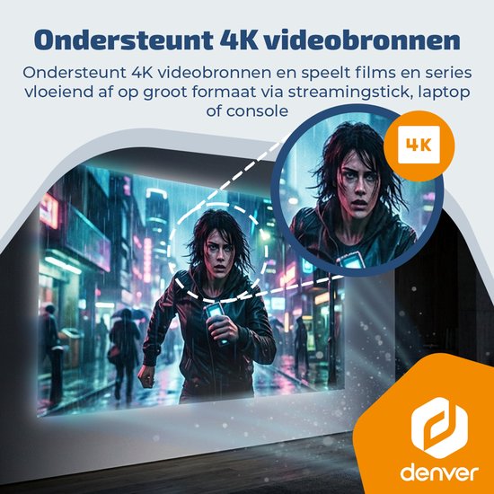 Denver Portable Beamer - 4K 3840x2160P - 150 ANSI Lumen - Projector - Ingebouwde Batterij - Thuisbioscoop - HDMI - USB-C - PR4700