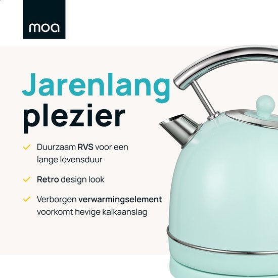 MOA Waterkoker Retro - 1.8L - RVS - BPA vrij - 2200W - 21.30x21.40x28.60 cm - Pastel Groen