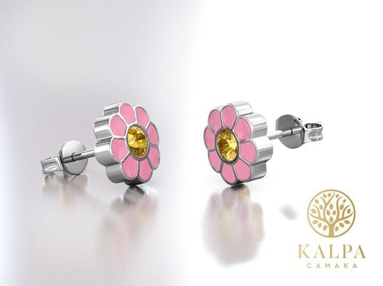 Yolora Kids Roze Bloemen Oorbellen - Kalpa Camaka Kristallen - 18K Witgoud Verguld - Kind - Meisjes Oorknopjes Zilver kleurig - Sieraden Kinderen - Luxe Giftbox - Geschenkdoos - Cadeau doos - Geschenkverpakking - Mooie Cadeauverpakking