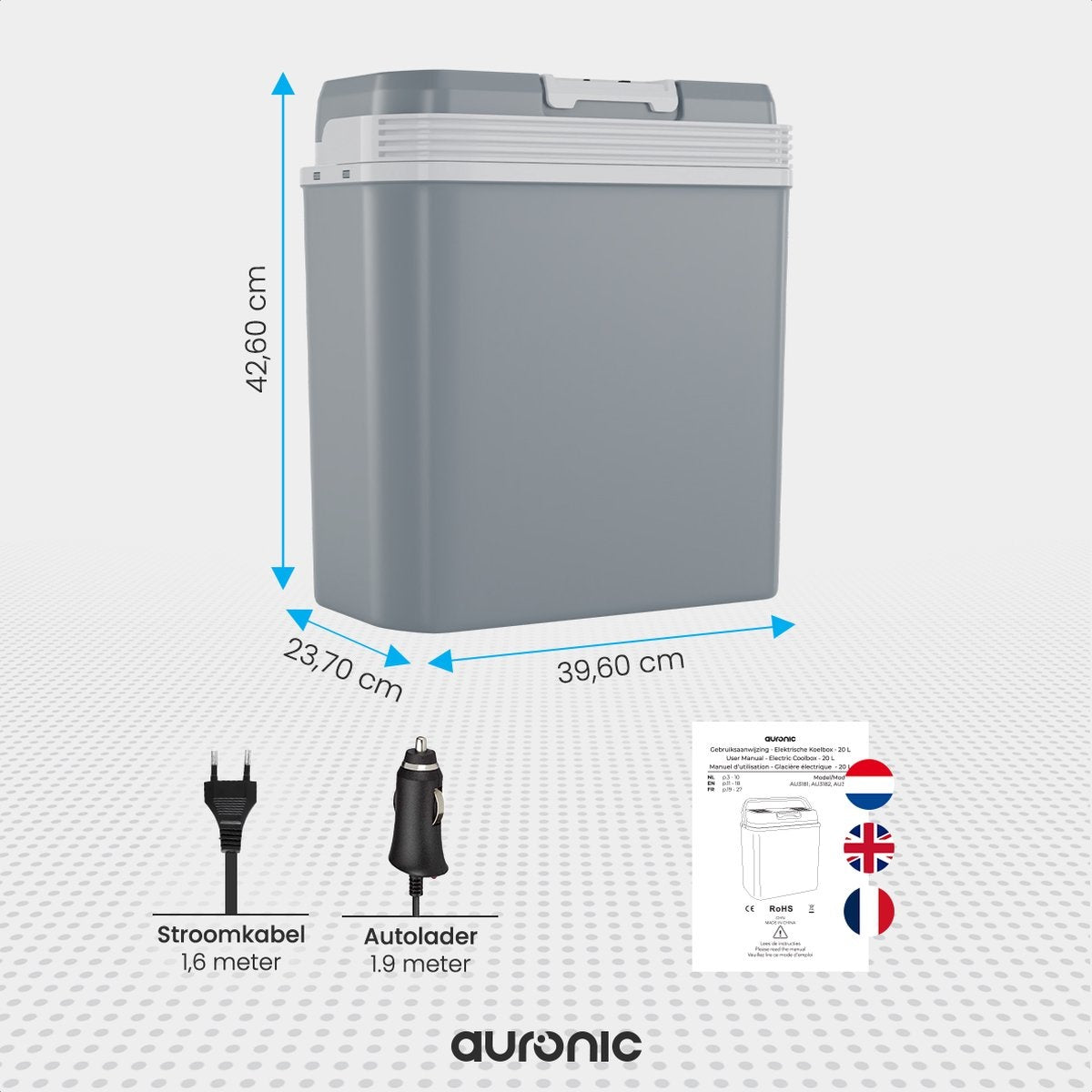 Auronic Elektrische Koelbox - 20 L - Koelen en Verwarmen - 12V en 240V - Compact en draagbaar - Grijs