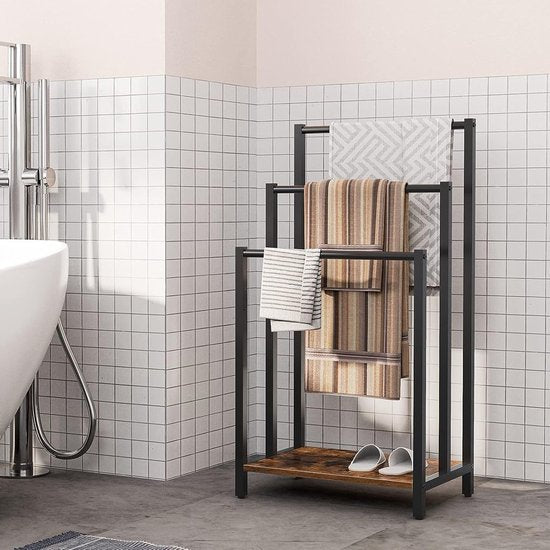 Ceruzo Handdoekrek - Industrieel- Vrijstaand - Metaal - 3 Armen - Mat Zwart-Houtlook-Badkamer / Keuken