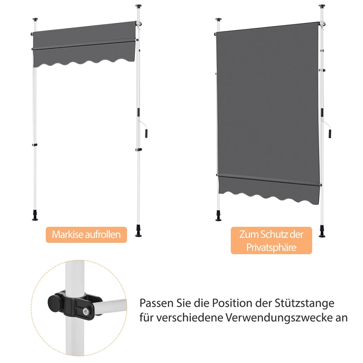 Yaheetech Klemzonnescherm Met Handslinger – Voorzien Van In Hoogte Verstelbare Telescopische Stangen En Waterafstotend Doek En Beschermvoetjes – Voor Balkon En Terras – Donkergrijs Polyester En Metaal – 150 x 180 x 210-300 cm