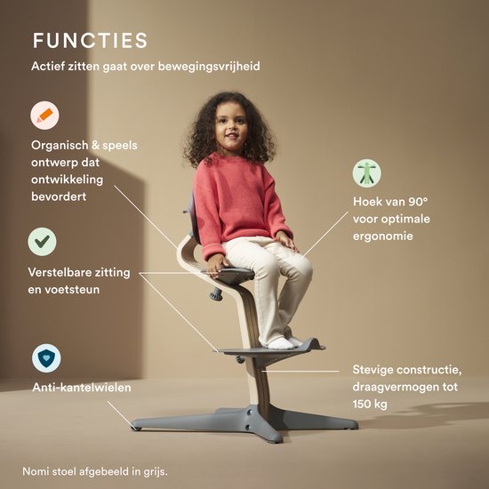 Stokke Nomi stoel, walnoot / zwart - Stimuleert actief zitten - Zonder gereedschap te verstellen - Inclusief stabiele voetsteun en anti-kantelwielen - Kan tot 150 kg dragen