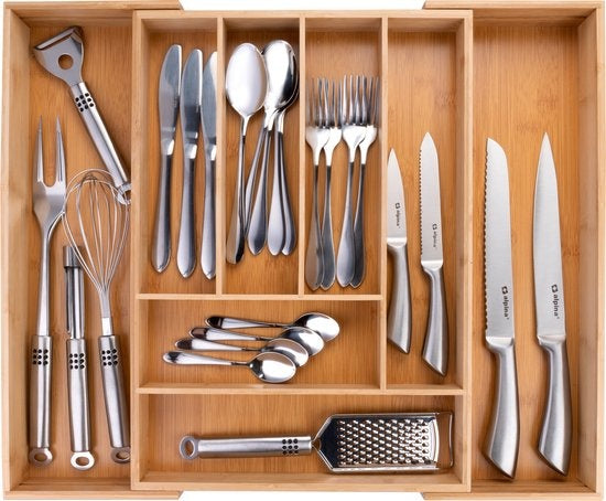 Uitschuifbare Bestekbak - 46 x 34 - 56.6 x 6 CM - 6 tot 8 Vakken - Ecologisch Bamboe Materiaal