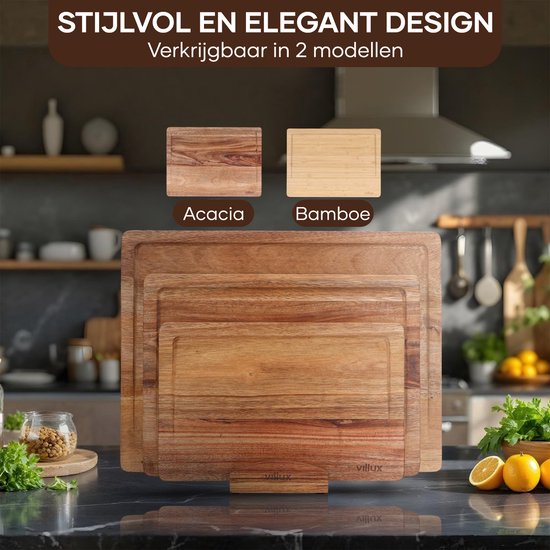 Villux Snijplank - Snijplankenset Met Houder - Snijplank Hout - Snijplanken - Snijplank Acacia- Houten Snijplank - Snijplankenset - Tapasplank - Borrelplank - Serveerplank - Hapjesplank - Inclusief eBook - 3 Stuks - Acacia