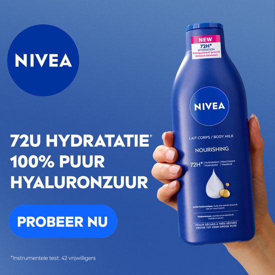 NIVEA Verzorgende Body Milk - met Hyaluronzuur Zachte Amandel Olie en Voedend serum - Body Melk met 72 Uur Hydratatie - Voor Droge tot Zeer Droge Huid - 400 ml