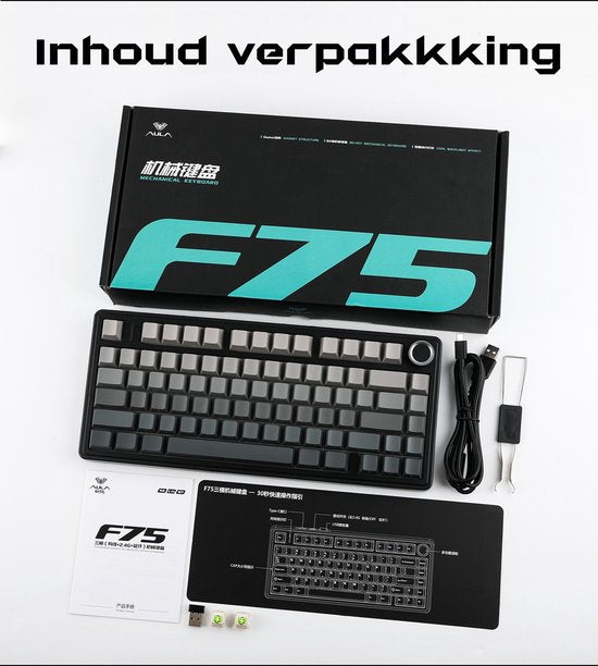 EPOMAKER x AULA F75 - Zwart/Grijs - Mechanisch Draadloos Toetsenbord - RGB - 75% - QWERTY - Gaming Toetsenbord - Reaper Switch