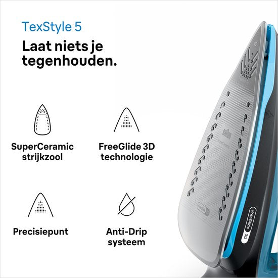 Braun TexStyle 5 SI5256BL - Stoomstrijkijzer - Glijdt Moeiteloos Achteruit - Zelfreinigend - Blauw