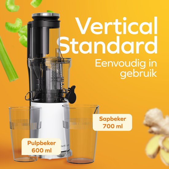 KitchenBrothers Slowjuicer - Verticaal - Juicer - Groenten en Fruitpers - 80 mm - 750 ml - Pearl White / Wit