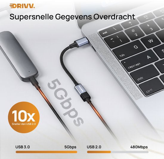 Drivv. USB C naar USB A OTG Adapter - USB C naar USB converter - USB C Adapter - Laptop - Telefoon - Grijs