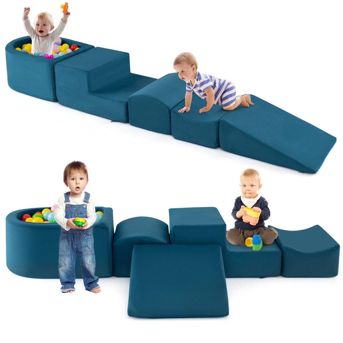 Coast Klim- en Kruipset - 5-delige zachte speelblokken met ballenbak - blauw