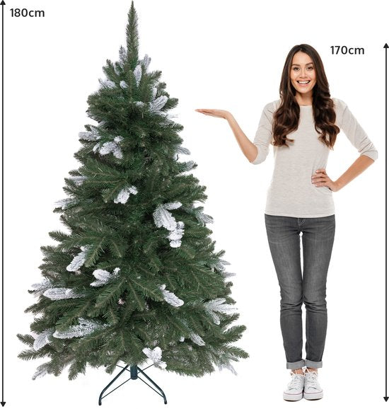 PristinePine Volle Kunstkerstboom met sneeuw 180cm - Stevige kerstboom - Metalen voet - Snel opgezet