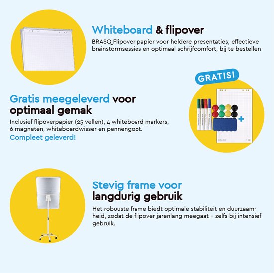BRASQ Flipover Verrijdbaar - 70x100 cm - Verstelbaar Whiteboard - Inclusief 25 vellen papier, 4 stiften, 8 magneten, wisser - Flipover met papierklem en haken - Magnetisch bord - Magneetbord - Wit