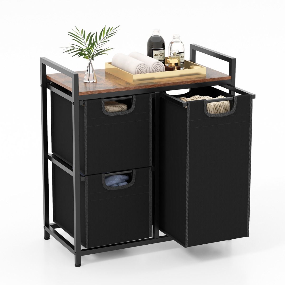 Coast Wasmand met Plank - 3 uitneembare waszakken - metalen frame - zwart en rustiek bruin