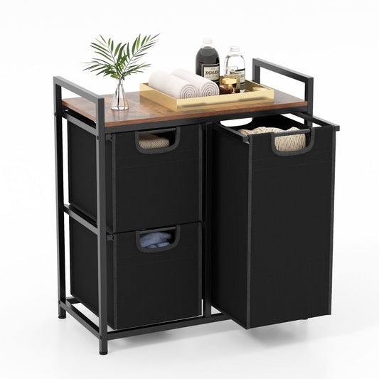 Coast Wasmand met Plank - 3 uitneembare waszakken - metalen frame - zwart en rustiek bruin