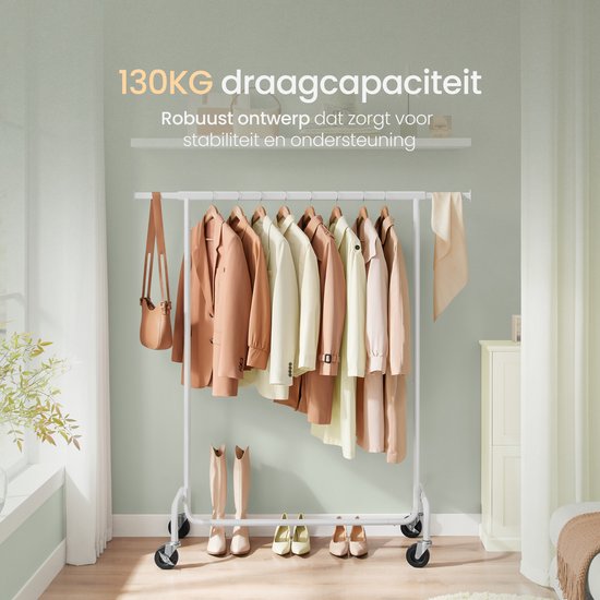 O'DADDY® Kledingrek op 4 Grote Wielen - Tot 130 Kg Draagvermogen - Verstelbaar en Uitschuifbaar - Roestbestendig Verchroomd Metaal - Eenvoudige Montage - Wit