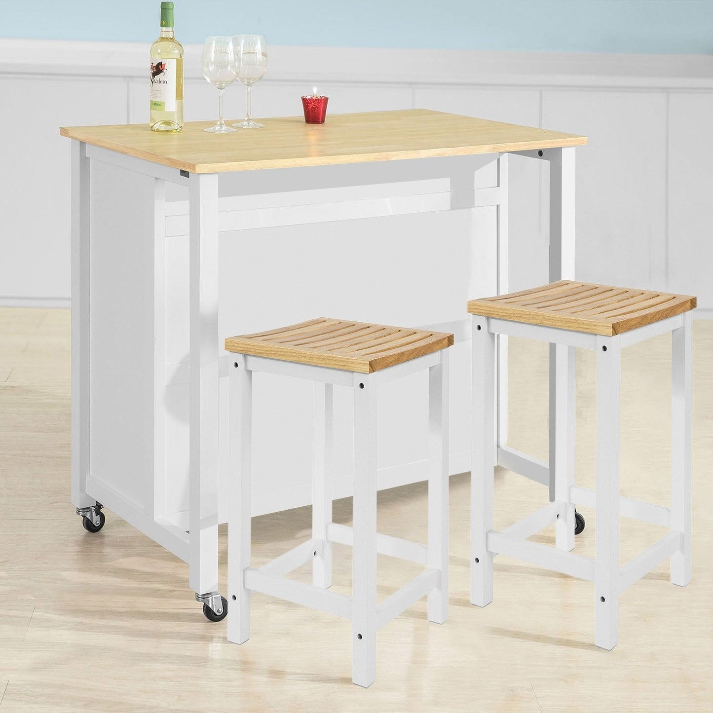 SoBuy - Kookeiland Op Wielen - 100 x 60 x 94 cm - Wit & Hout Composiet - Mobiele Keukentrolley Met Opbergkast - Voor Keuken & Voorraad