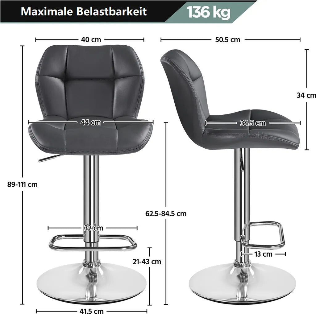 Yaheetech Barkrukken - 2 Stuks - Verstelbaar 62,5-84,5 cm - 360° Draaibaar - Grijs
