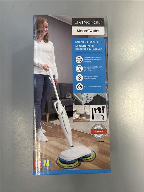 Livington Steam Twister Stoomreiniger met roterende dubbele mopkop, reinigt, schrobt en gepolijst, 3-traps stoomautomaat, 120 graden hete stoom, handstoomreiniger, wit