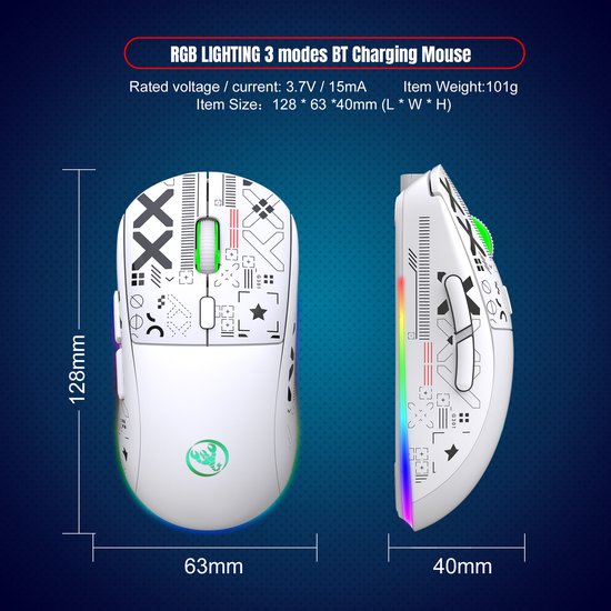HXSJ T90 2.4G Stille Draadloze Gaming Muis - Bluetooth - Computermuizen - Ultra licht - RGB Verlichting - Wit