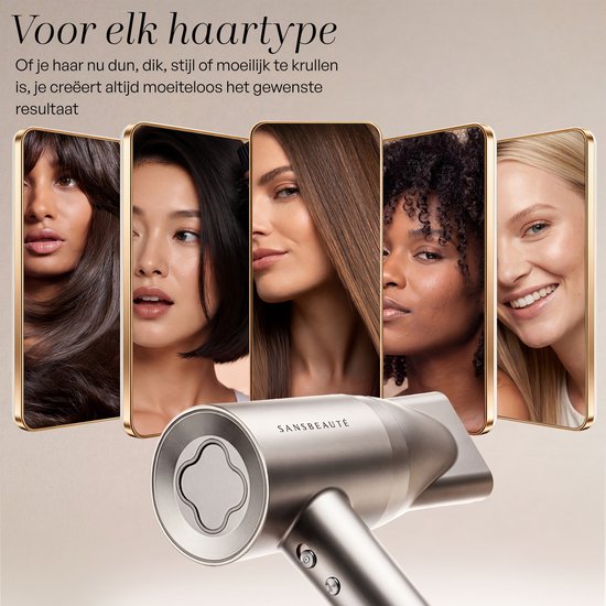 Sansbeauté® Föhn met Diffuser - Krullen - 110.000RPM - Ionische Haardroger met Borstel - 3 Standen - 3 Opzetstukken - Reisföhn - Sèche Cheveux - Krul Feun Set - Haarföhn met Defuser - Hair Blow Dryer - Kappersfohn - 2000W