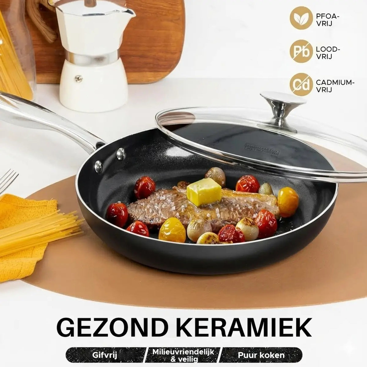 Michelangelo Keramische Koekenpan met Deksel - 8 inch - Zwart