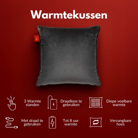 Coozie Oplaadbaar Warmtekussen – Draadloos & Bedraad – 45–65°C – Velvet – 45 x 45 cm – Antracietgrijs – Elektrisch Kussen – Incl. Powerbank – Tot 8 uur warmte