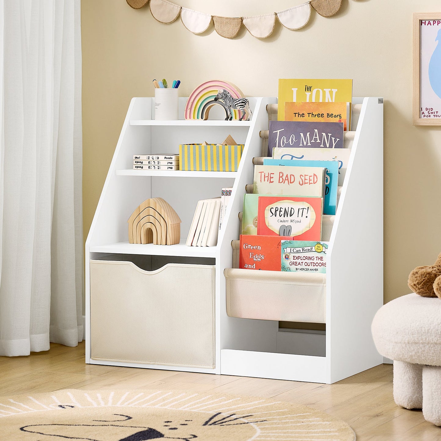 SoBuy KMB119-W Montessori Kinderboekenkast 3 niveaus met opbergruimte en stoffen manden, wit, 80 x 40 x 80 cm