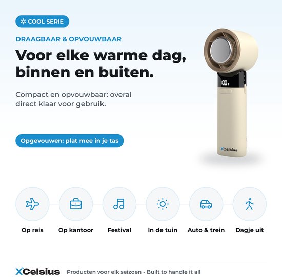 XCelsius® Handventilator - Draagbare Mini Ventilator Opvouwbaar - Oplaadbaar met USB-C - 0% tot 100% traploos instelbaar - Met Instant Koelplaat - Beige/Crème
