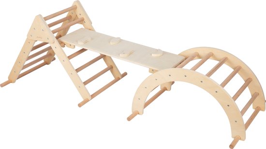 Sunny Charlie 3-in-1 Klimrek van hout Naturel– Montessori speelgoed - Klimboog - Klimdriehoek - FSC Mix