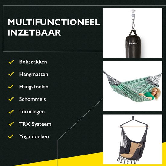 Zoluko RVS Ophangsysteem - 300 KG Draagkracht - 360° vrij draaibaar - Geluiddempende Veer - Bokszak Ophangsysteem - Plafondbeugel - Plafondhaak - Ophanghaak - Schroefhaak - Chroom