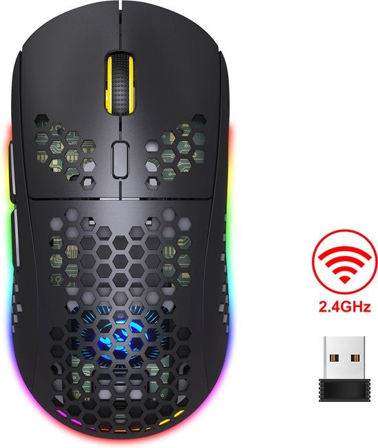 HXSJ T90 2.4G Draadloze Gaming Muis - Bluetooth - Computermuizen - Ultra licht - RGB Verlichting - Zwart