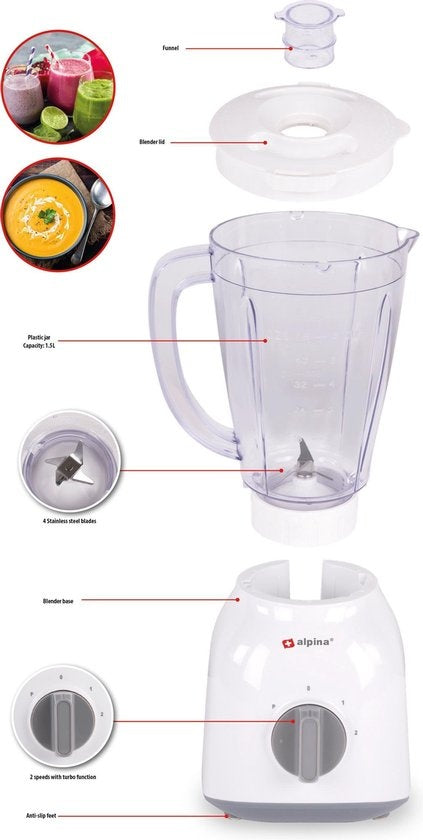 alpina Blender - 1,5 Liter - 400 Watt - Turbofunctie - Kunststof Kan - Wit