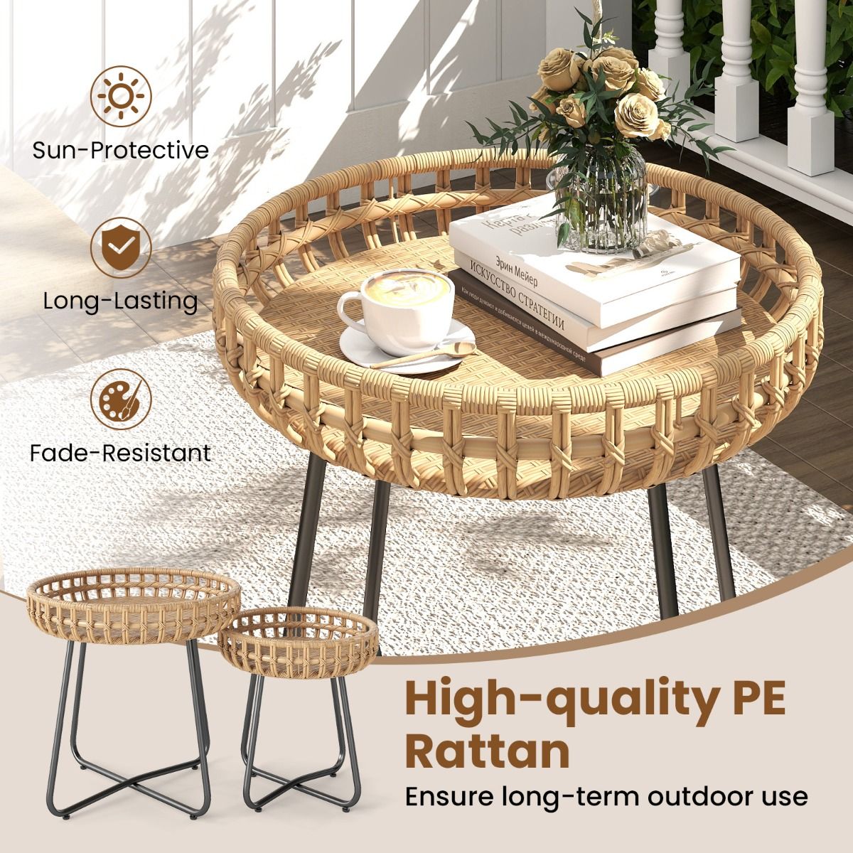 Coast Set van 2 Ronde Salontafels - Handgeweven rotan - Metalen onderstel - Bruin en zwart