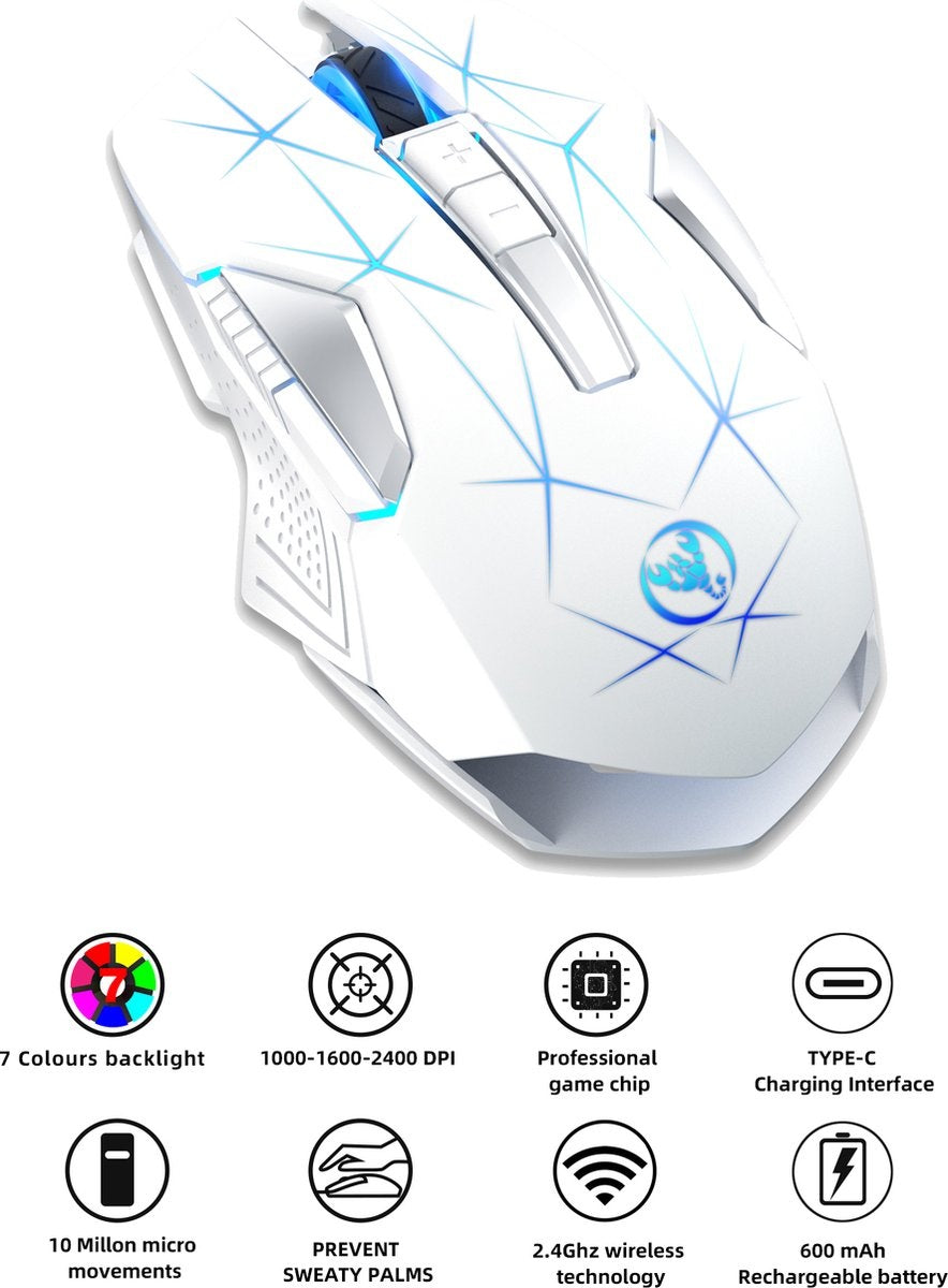 HXSJ T300 2.4G Draadloze Gaming Muis - Computermuizen - Ultra licht - Compact Voor Onderweg - RGB Verlichting - Wit