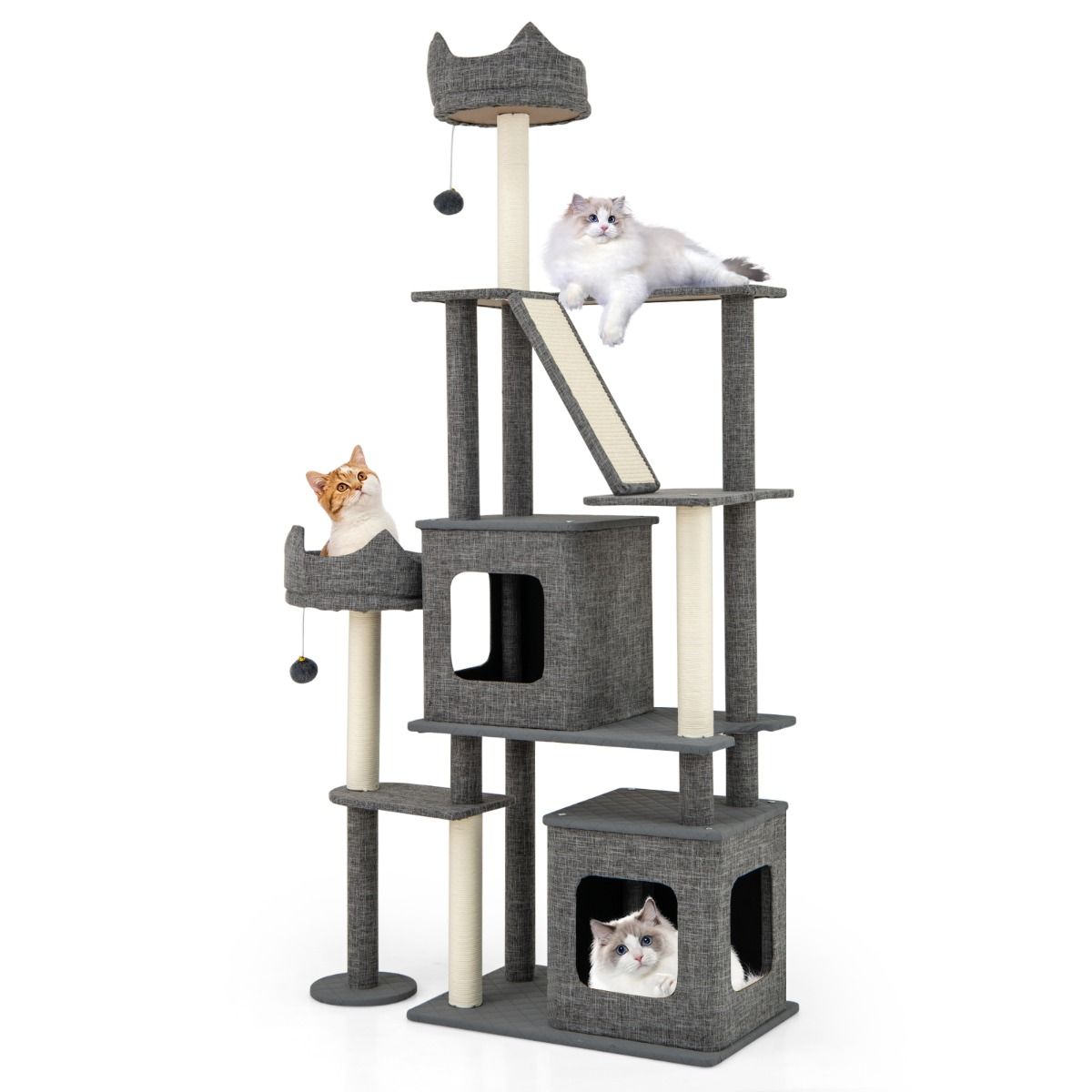 Coast Krabpaal Kattenboom - 2 kattenhuisjes - speelplatforms en kattenbed - grijs - 180 cm
