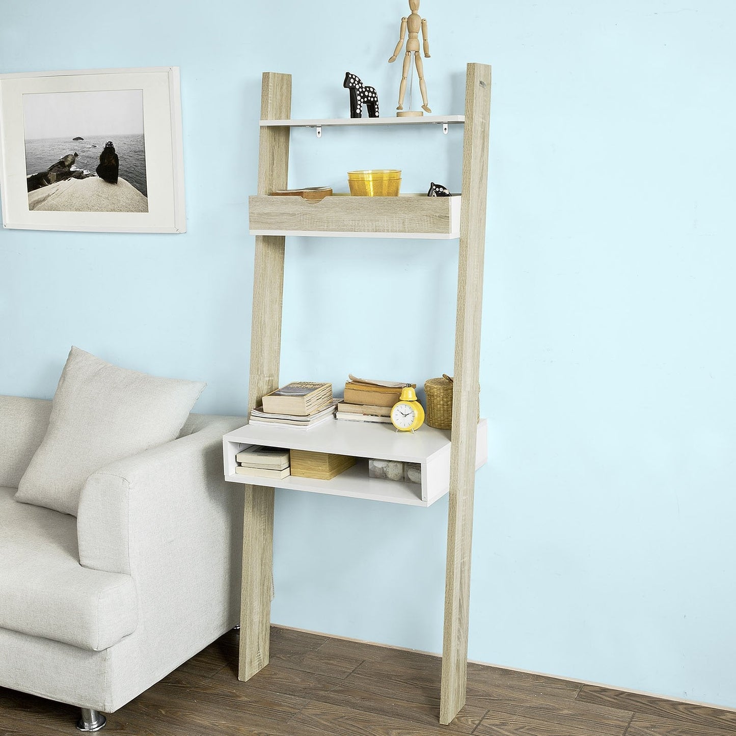 SoBuy FRG111-WN Boekenplank met Bureau - Wandmodel MDF/Spaanplaat - 40 x 65 x 176 cm - Wit/Naturel