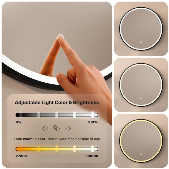 Mirlux Badkamerspiegel met LED Verlichting & Verwarming – Wandspiegel rond – Anti Condens Douchespiegel - 80CM - Zwart Frame