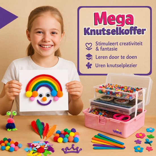 Vaive Knutselkoffer 1432-delig – Knutselen Meisjes - Kralen, Veren, Pompons & Wiebeloogjes - Knutselset - Knutselspullen - Knutselpakketten