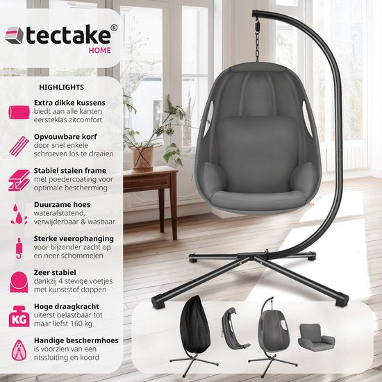 tectake® Hangstoel met frame - Schommelstoel met kussen + rugkussen - Meubels voor woonkamer of slaapkamer - Balkonmeubilair - Binnen of buiten - Tot 160kg - Antraciet
