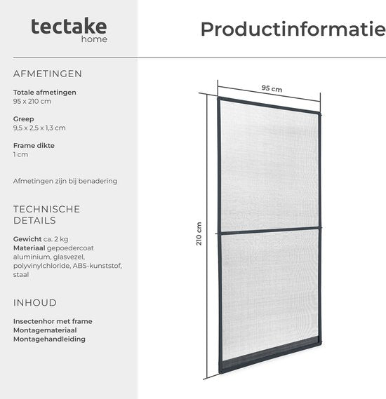 tectake® Hordeur 95 x 210 cm – Insectenhor met Aluminium Frame – Op Maat te Maken – Glasvezel Muggengaas – Weer- en UV-bestendig – Incl. Montagemateriaal – Antraciet