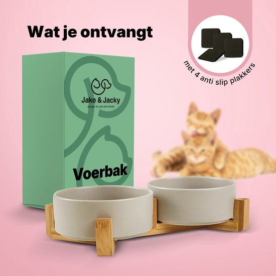 Jake and Jacky Voerbak Kat en Hond Keramiek - Voerbakken Dubbel met Standaard - Drinkbak - 2x 400 mL - Grijs