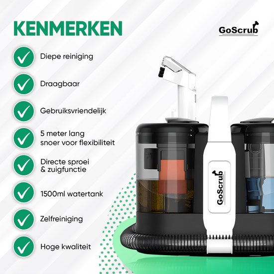GoScrub Tapijtreiniger – Incl. Accessoires & Schoonmaakmiddel – 600 W – 18 x 35 x 30 cm – Zwart/Wit