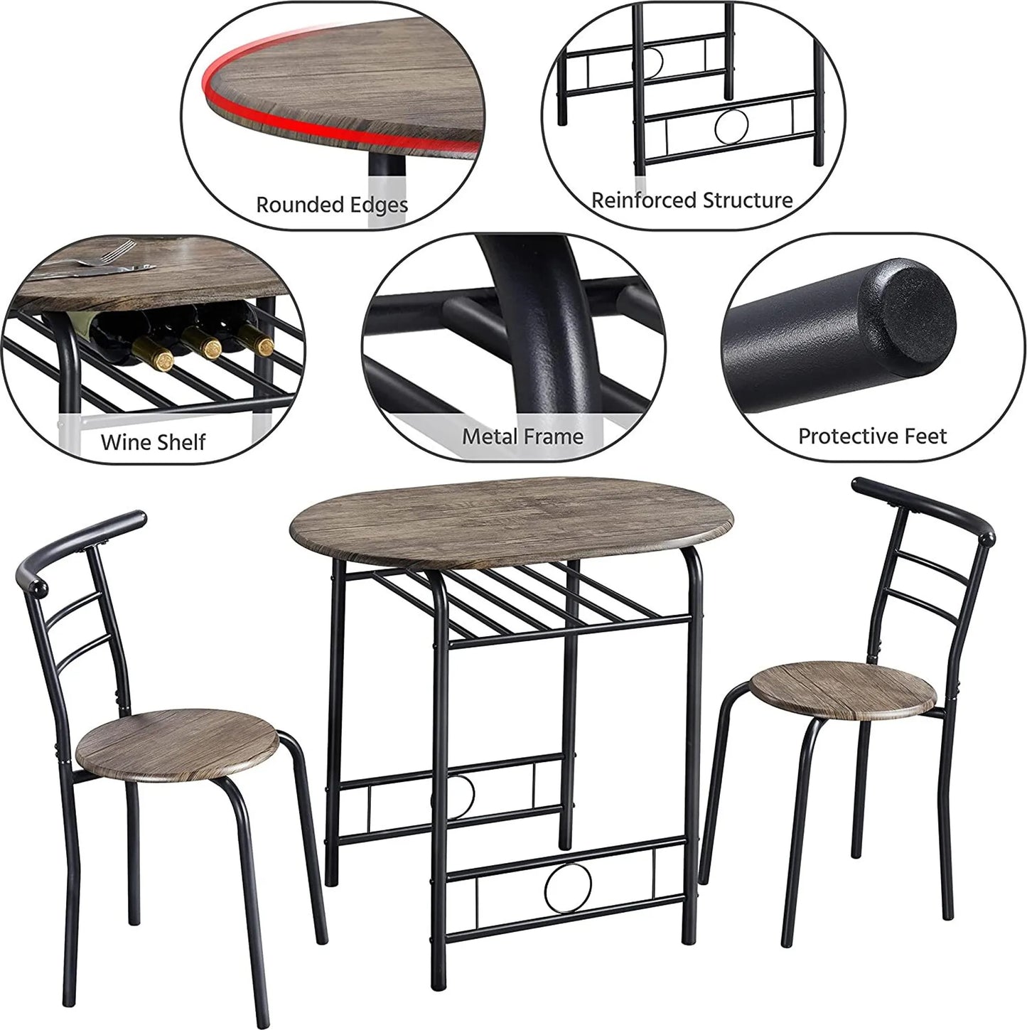 Yaheetech Eethoek Set Van 3 – Voorzien Van Tafel Met 2 Stoelen En Verstelbare Opbergplank En Waterafstotende Coating – Voor Keuken En Eetkamer – Drijfhoutbruin Metaal En MDF – 80 x 53 x 73,5 cm