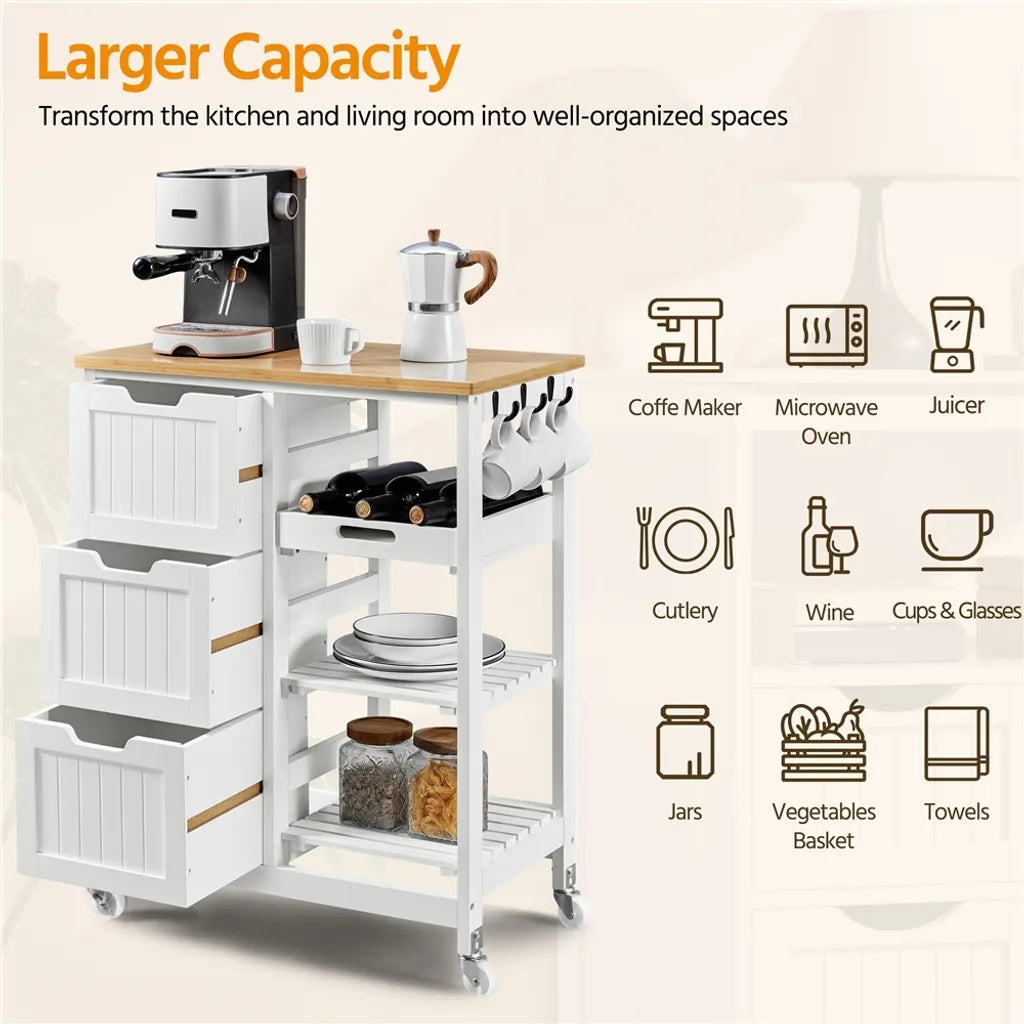Yaheetech Keukentrolley op Wielen – Wit/Bamboe – 67 x 37 x 84,5 cm – Met 3 Lades en 3 Planken