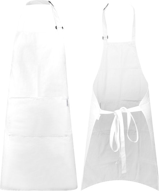 Castagnola keukenschort - Water- en vuilafstotend - Professioneel Kookschort - BBQ Schort voor Dames en Heren - Unisex - Verstelbare Gesp - Extra Grote Vakken - Wit