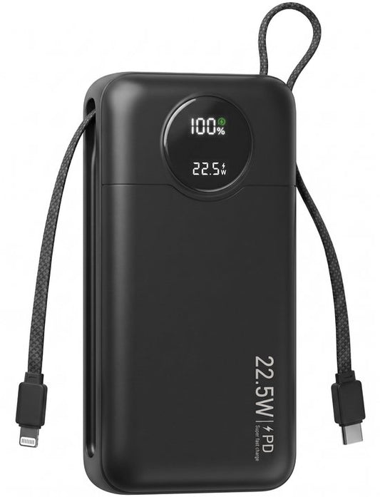 Nuvance Powerbank 20000 mAh - 22.5W Snellader Usb-C & 8-Pin - Noodpakket - 2 Poorten - 2 Geïntegreerde Kabels - Power Bank