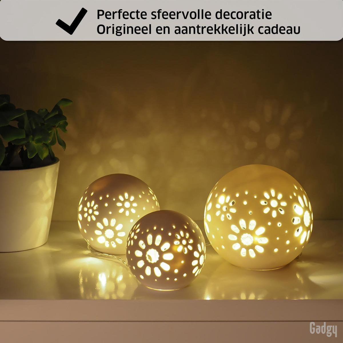 Gadgy Bollamp keramiek met Lichtsnoer - 3 st: Ø 8/10/12 cm - Tafellamp op Batterijen - Sfeerverlichting