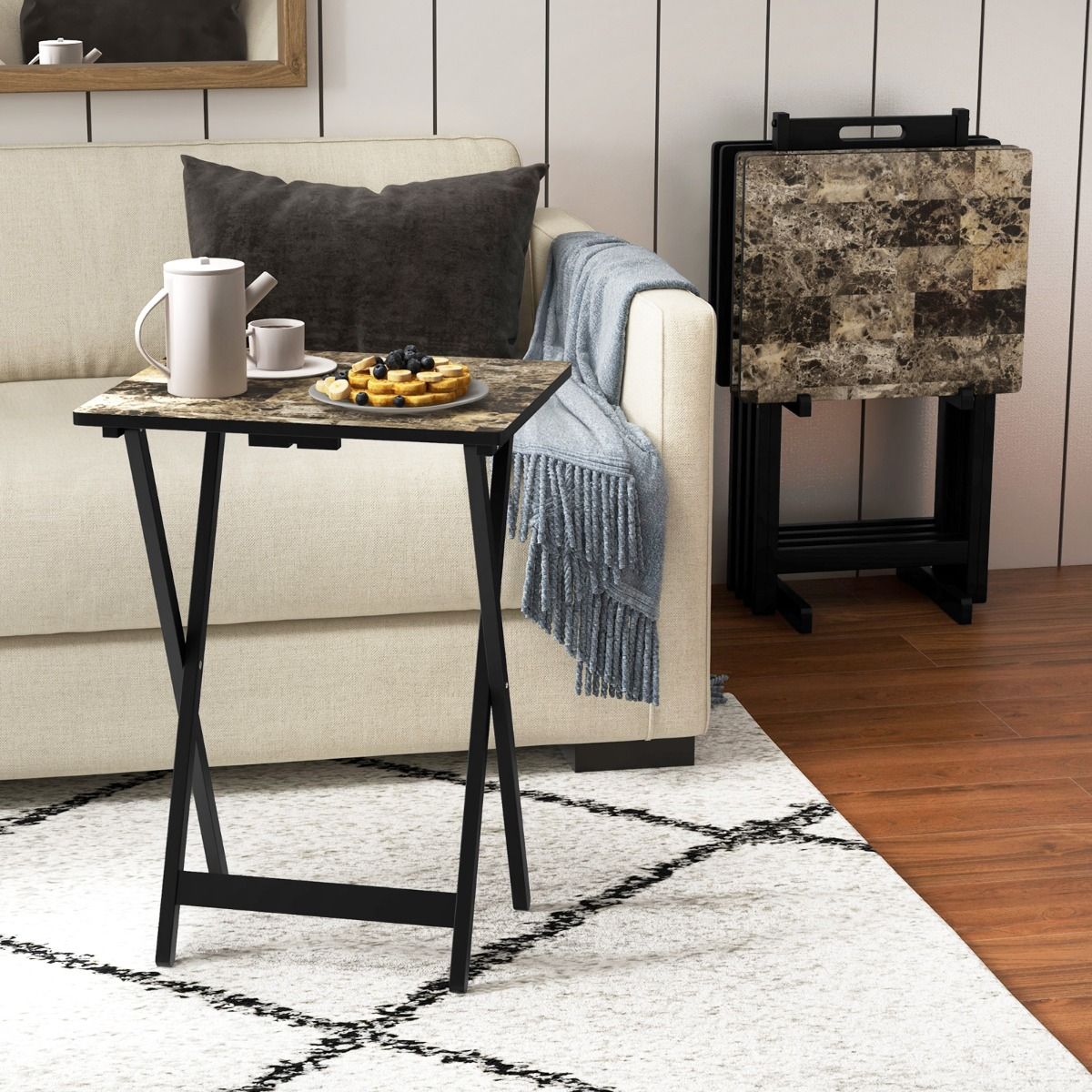 Coast 4-delige Klaptafelset TV-Snacktafel - Inklapbaar, Met Opbergstandaard, Marmerlook - 48 x 40 x 67 cm - MDF/Rubberhout - Zwart