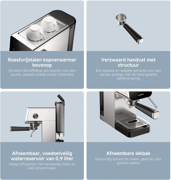 Xiaomi Halfautomatische Espressomachine | Espressomachine | 20 bar pompdruk | 1350W | 0,9L waterreservoir | RVS melkopschuimer | 1 en 2 kops | Compact